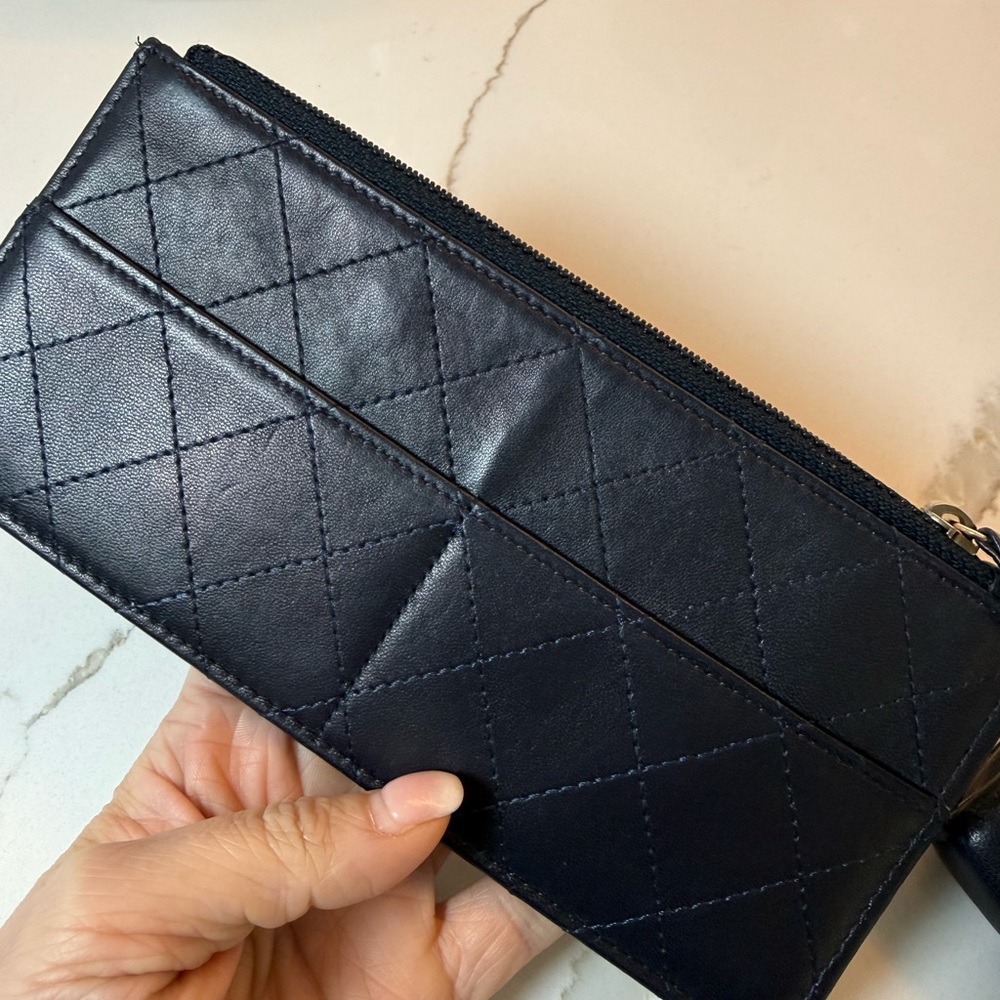 CHANEL Navy Blue Quilted Lambskin Classic Flap Wallet Silver CC - Picture 15 of 16